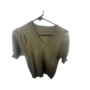 Women's Pullover Open Knit Sweater V-Neck Short Sleeve Olive Green Size S